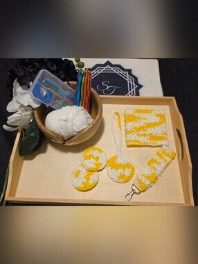 Handmade Crocheted Yellow & White Drink Wrap, Keychain, Car Coasters, Hanger